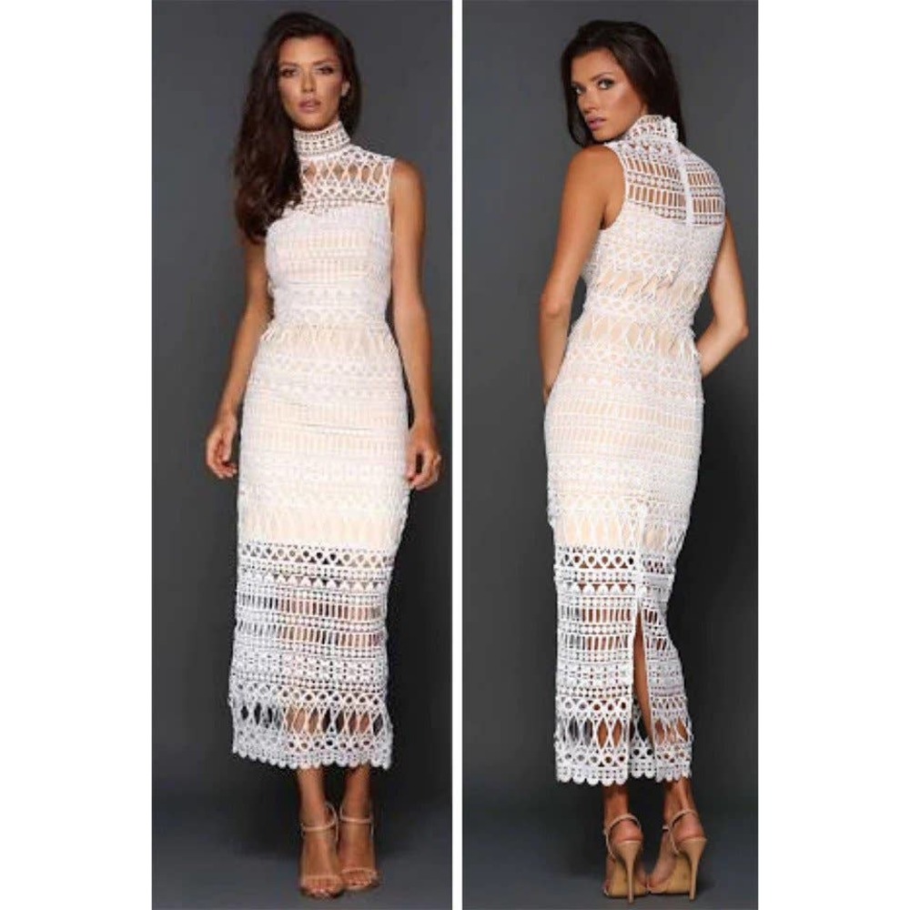 Elle Zeitoune Jaylyn White Crochet Sleeveless Mock Neck Midi Dress